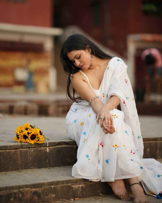 Soft Cotton Saree with Floral Embroidery & Tassel Pallu