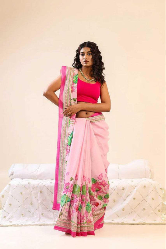 Pink Soft Linen Jari Floral Digital Print Saree with Contrast Border - House of ViDi