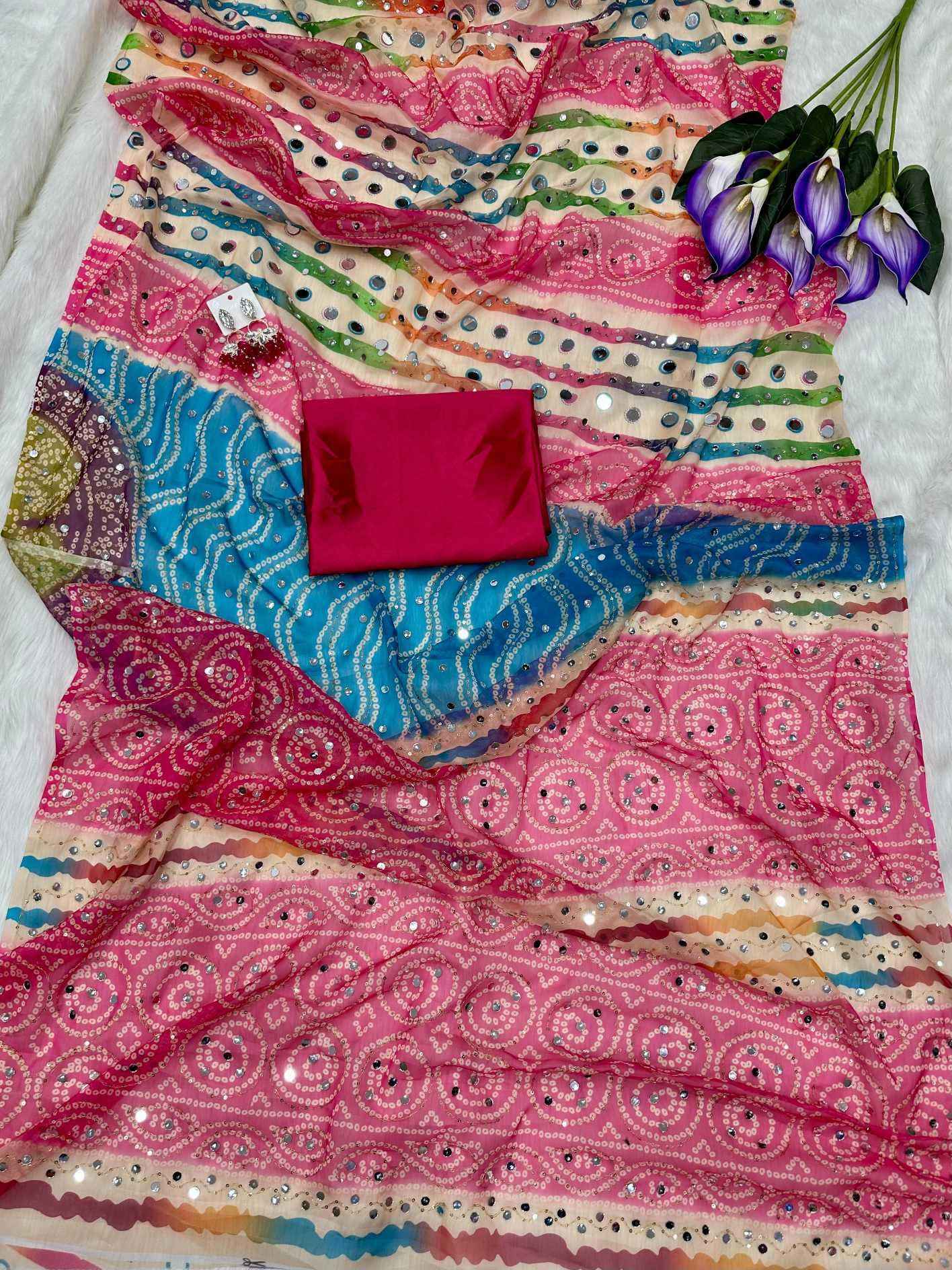 Soft Silk Digital Print Saree with Mirror & Sequin Work