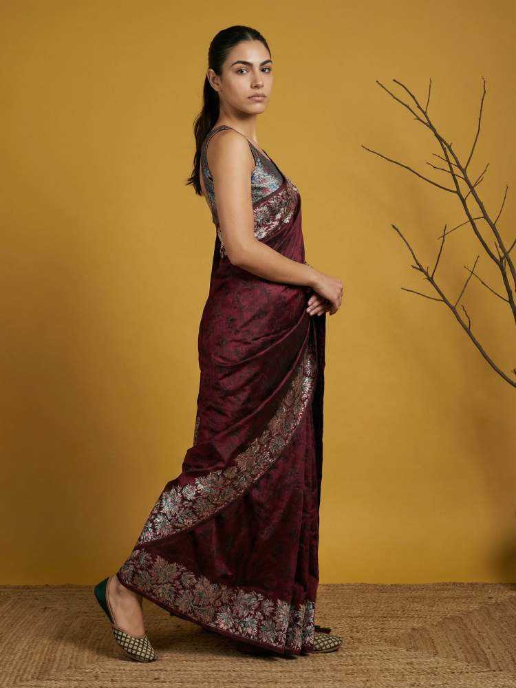 Wine Soft Silk Saree with Floral Print & Rainbow Zari Border - House of ViDi
