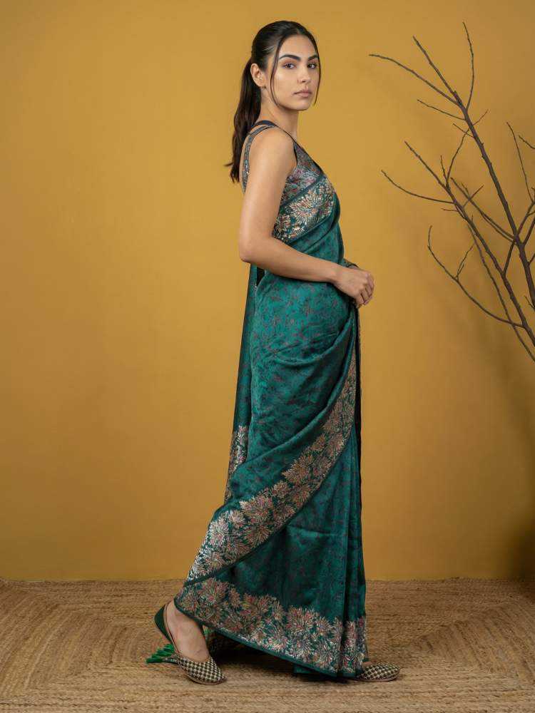 Rama Green Soft Silk Saree with Floral Print & Rainbow Zari Border - House of ViDi