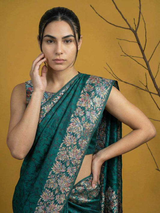 Rama Green Soft Silk Saree with Floral Print & Rainbow Zari Border