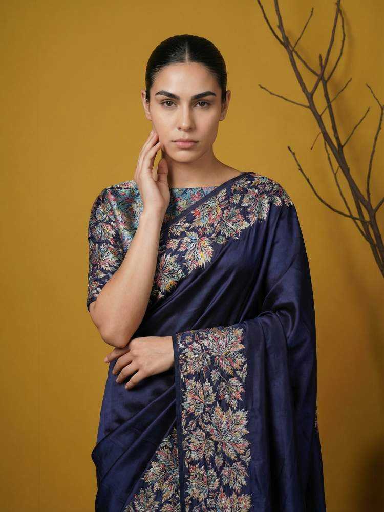 Navy Blue Soft Silk Saree with Floral Print & Rainbow Zari Border - House of ViDi