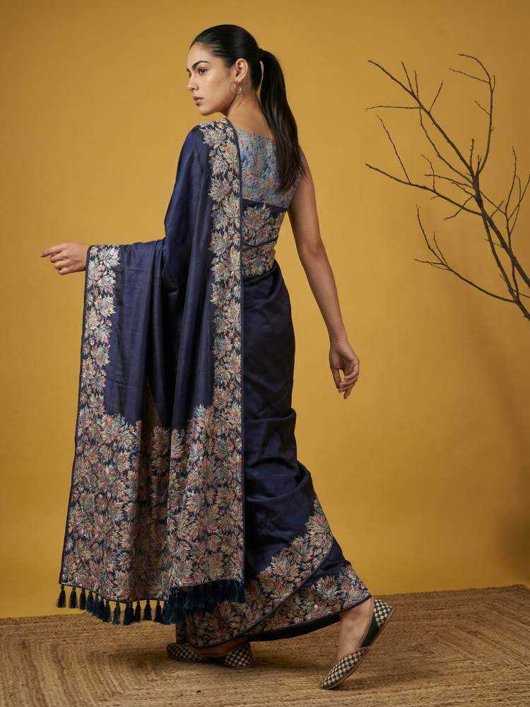 Navy Blue Soft Silk Saree with Floral Print & Rainbow Zari Border - House of ViDi