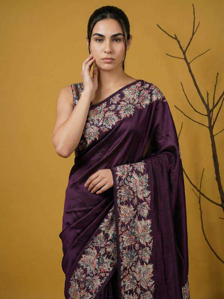 Maroon Soft Silk Saree with Floral Print & Rainbow Zari Border - House of ViDi