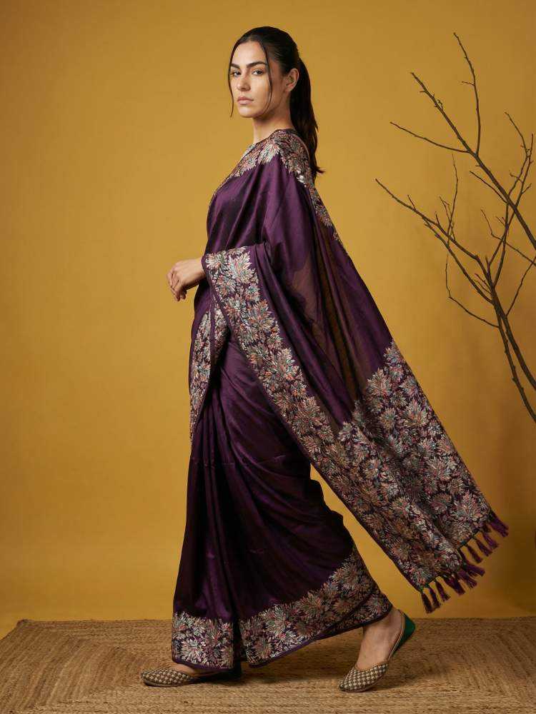 Maroon Soft Silk Saree with Floral Print & Rainbow Zari Border - House of ViDi