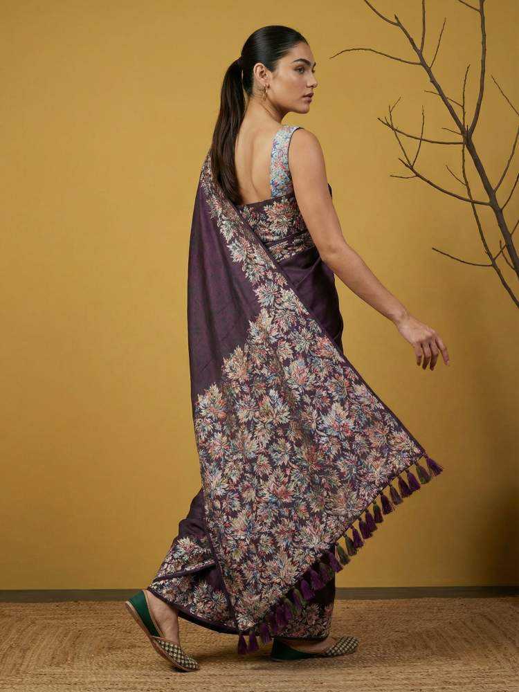 Maroon Soft Silk Saree with Floral Print & Rainbow Zari Border - House of ViDi