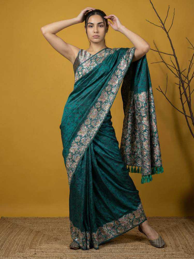 Rama Green Soft Silk Saree with Floral Print & Rainbow Zari Border - House of ViDi
