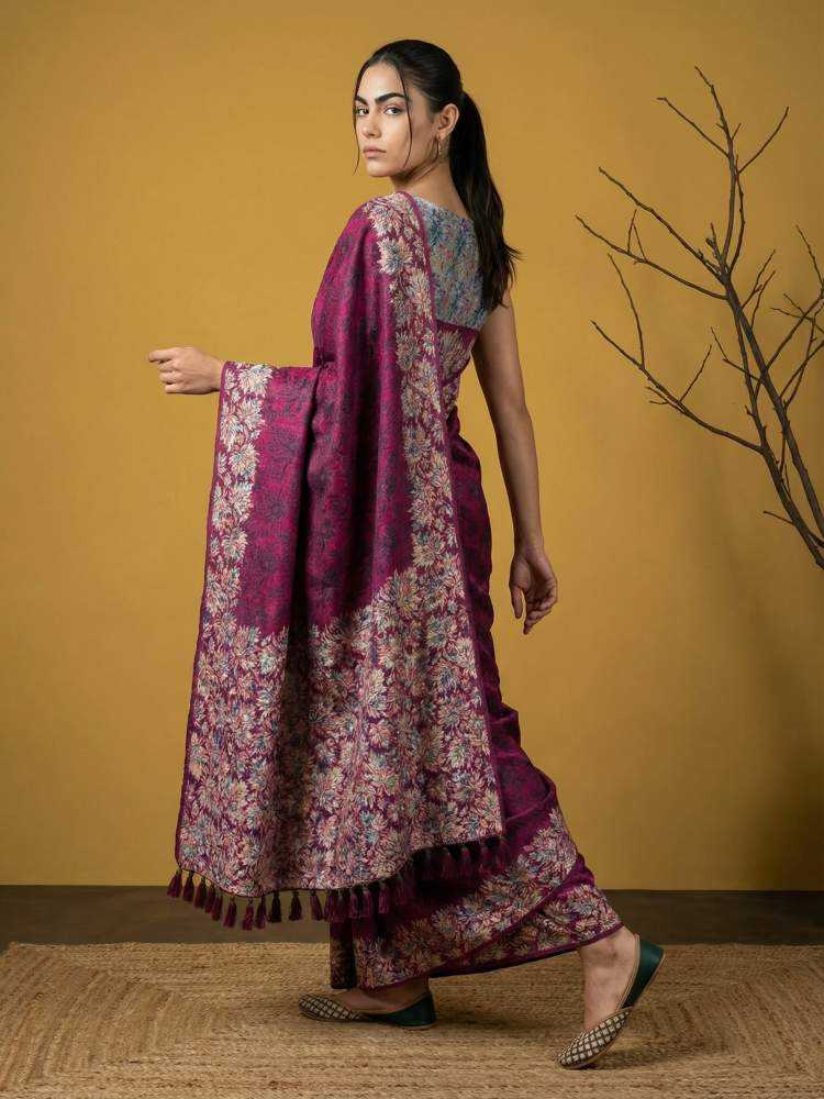 Pink Soft Silk Saree with Floral Print & Rainbow Zari Border - House of ViDi