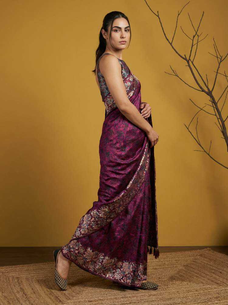 Pink Soft Silk Saree with Floral Print & Rainbow Zari Border - House of ViDi