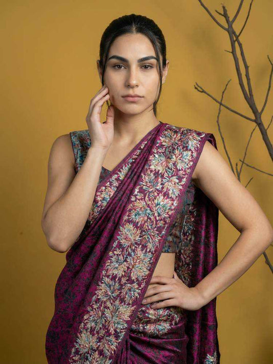 Pink Soft Silk Saree with Floral Print & Rainbow Zari Border - House of ViDi