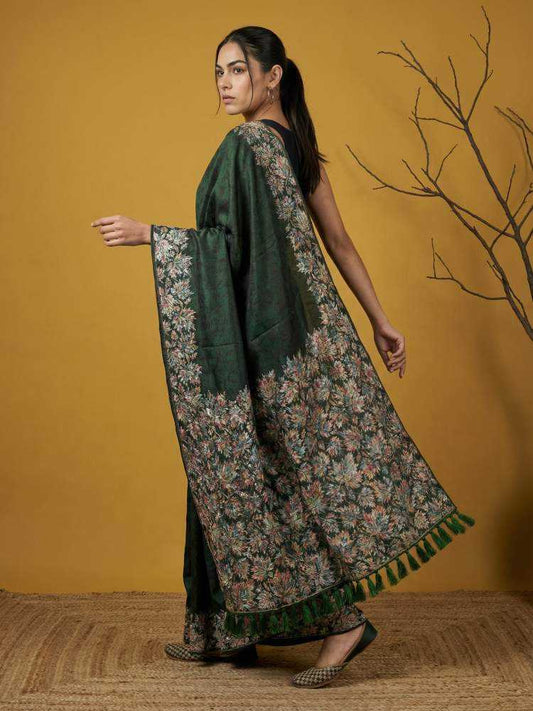 Bottle Green Soft Silk Saree with Floral Print & Rainbow Zari Border - House of ViDi