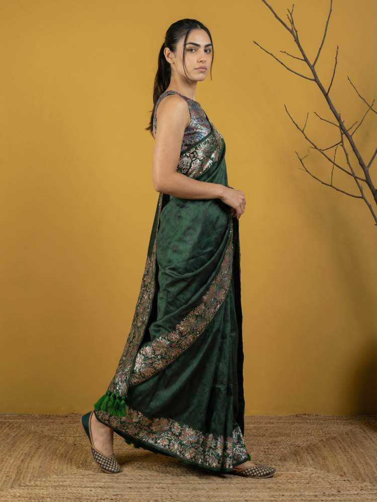 Bottle Green Soft Silk Saree with Floral Print & Rainbow Zari Border - House of ViDi