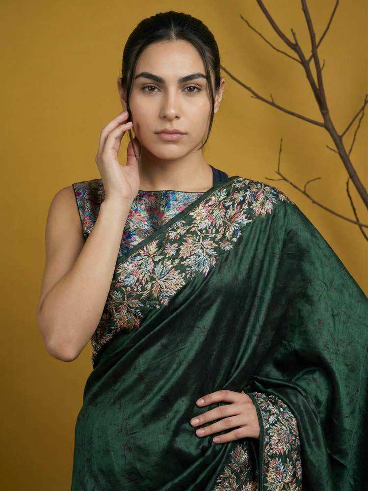 Bottle Green Soft Silk Saree with Floral Print & Rainbow Zari Border - House of ViDi