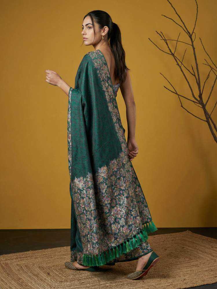 Rama Green Soft Silk Saree with Floral Print & Rainbow Zari Border - House of ViDi