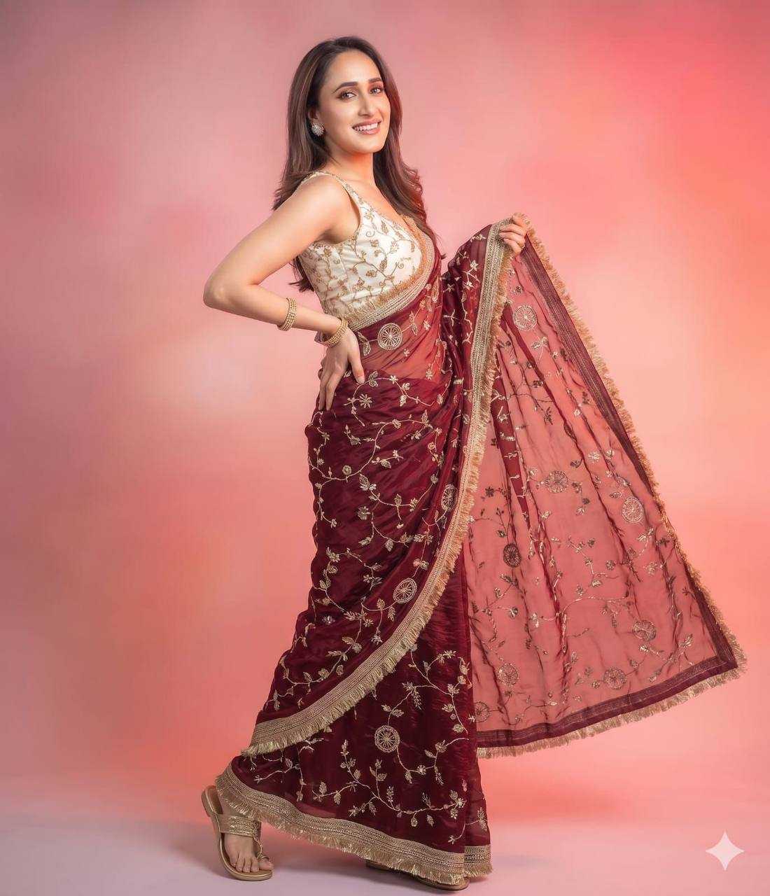 Maroon Designer Sequence Work Space Silk Party Wear Saree