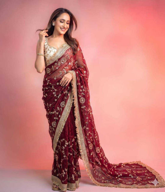 Maroon Designer Sequence Work Space Silk Party Wear Saree