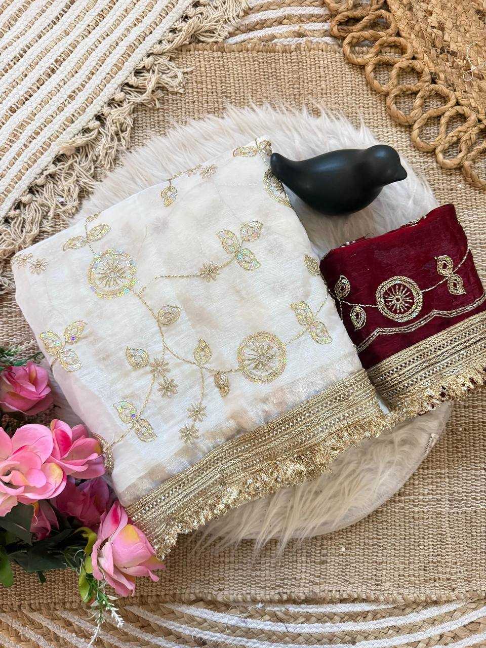 White Designer Sequence Work Space Silk Party Wear Saree