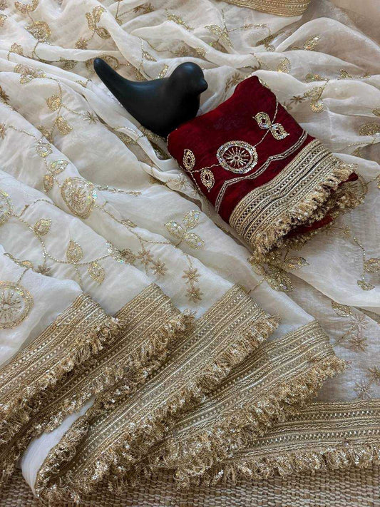 White Designer Sequence Work Space Silk Party Wear Saree