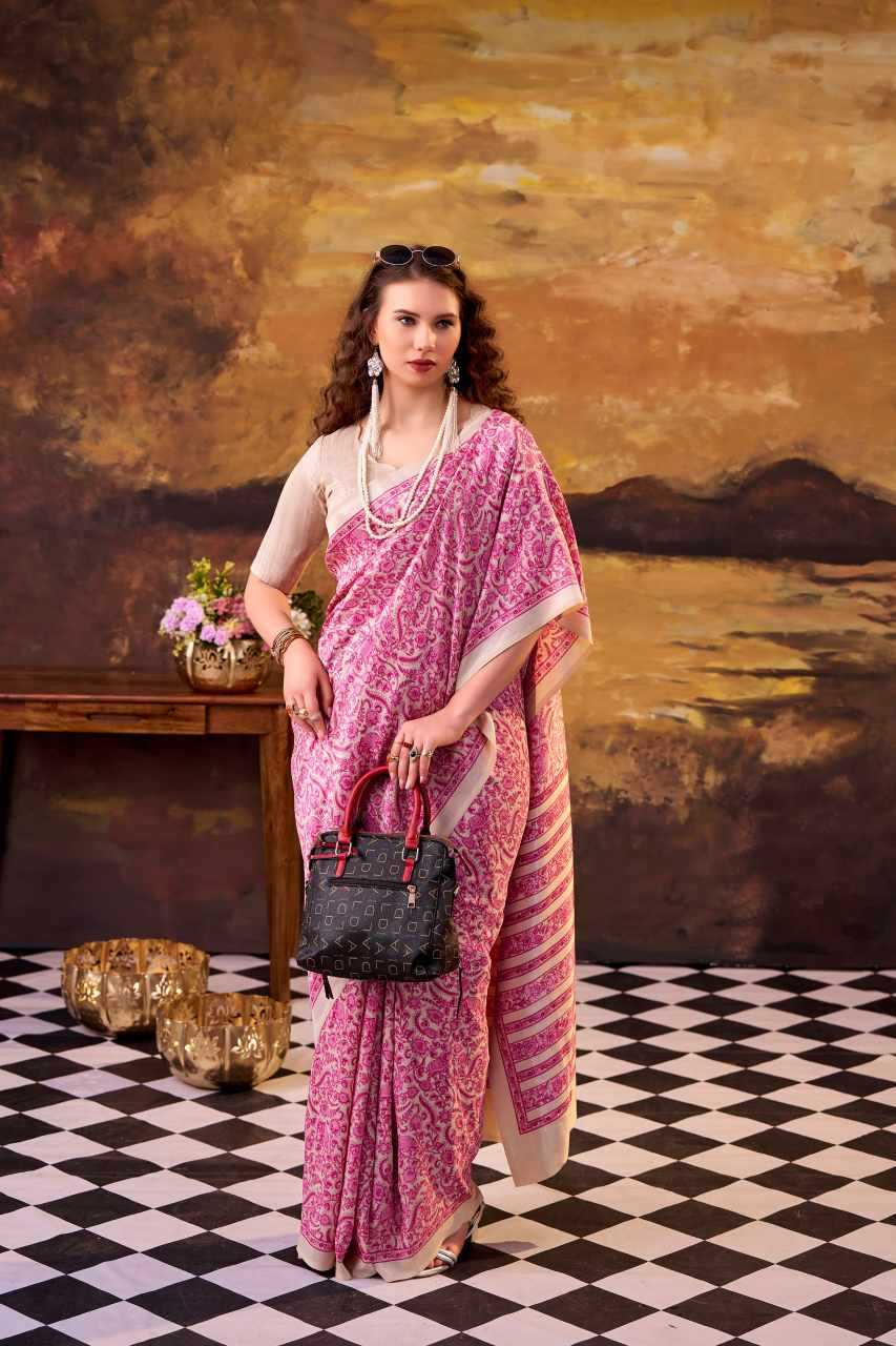 Pink Tussar Silk Printed Designer Saree - House of ViDi
