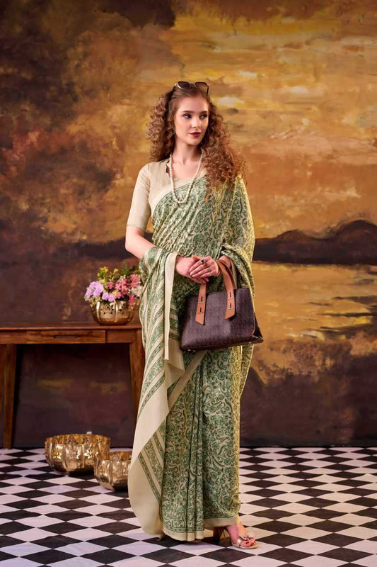 Green Tussar Silk Printed Designer Saree