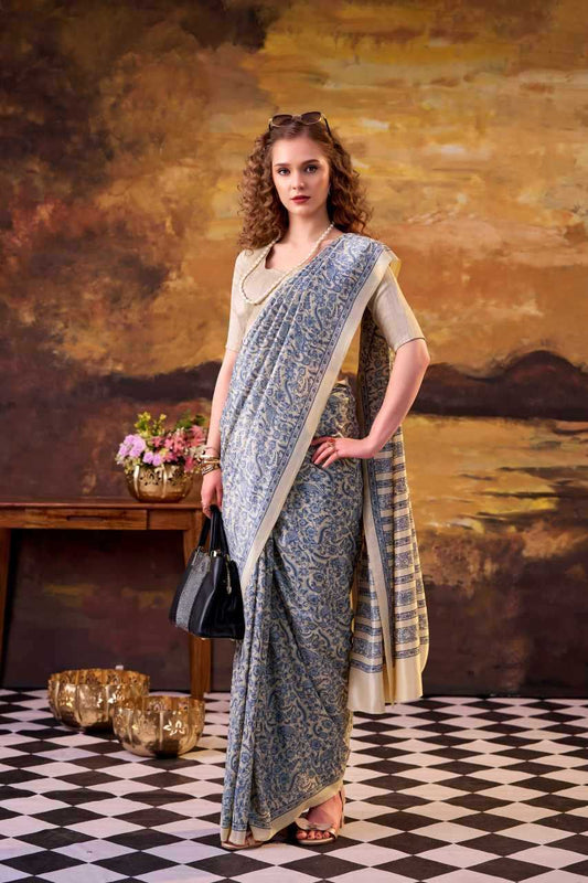 Navy Blue Tussar Silk Printed Designer Saree