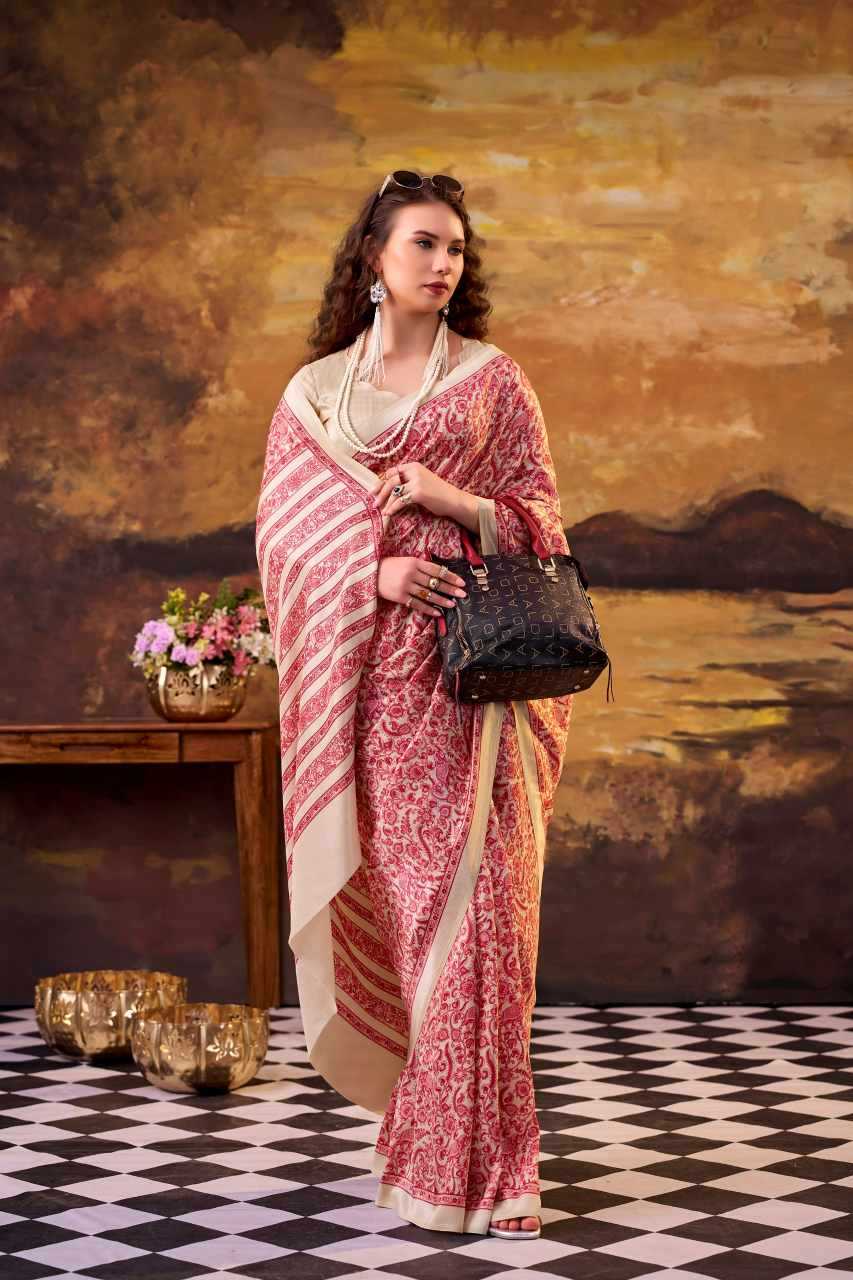 Peach Tussar Silk Printed Designer Saree - House of ViDi
