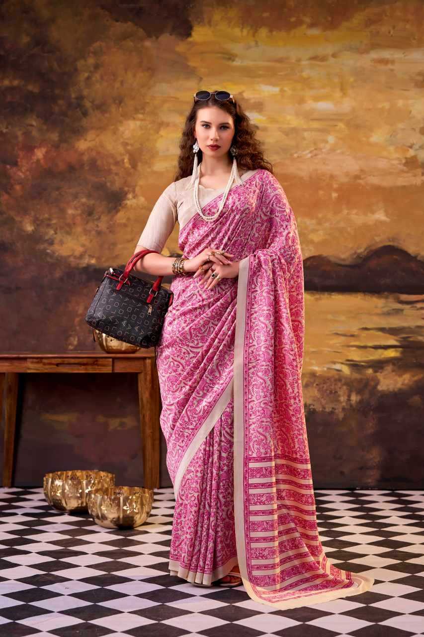 Pink Tussar Silk Printed Designer Saree - House of ViDi