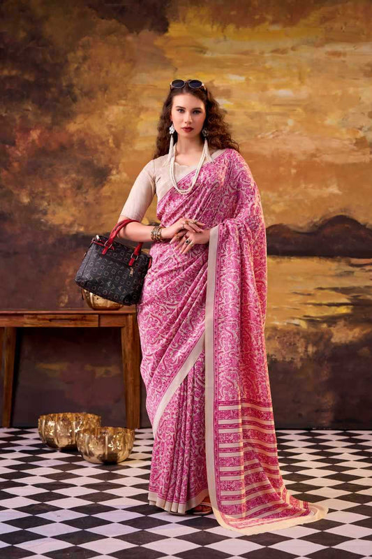 Pink Tussar Silk Printed Designer Saree - House of ViDi