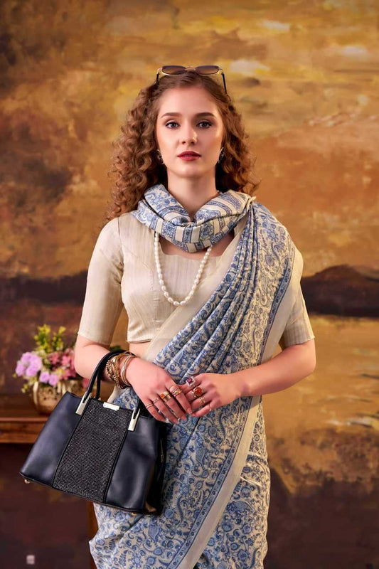 Navy Blue Tussar Silk Printed Designer Saree