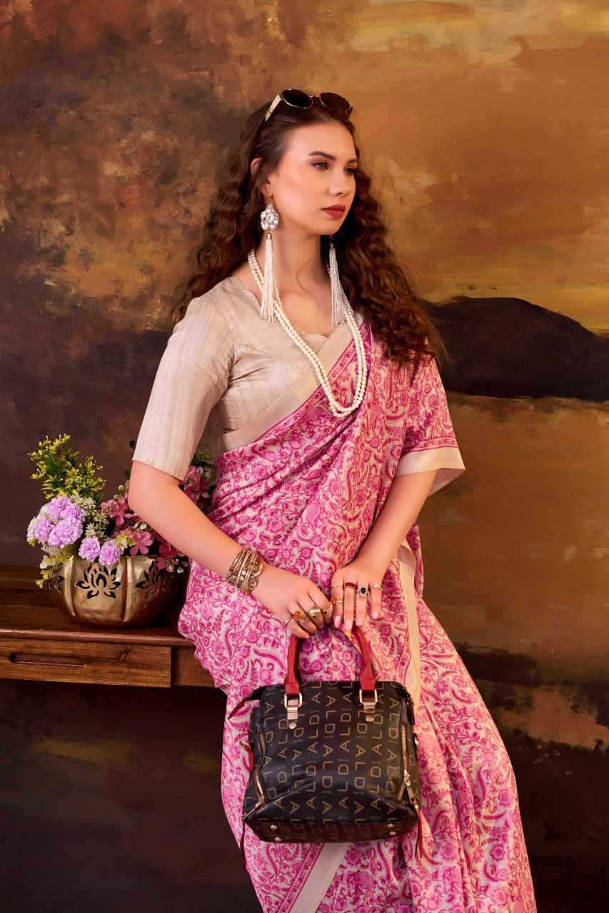 Pink Tussar Silk Printed Designer Saree - House of ViDi