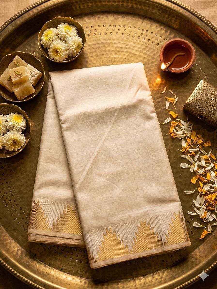 Semi Tussar Cotton Saree with Temple Jacquard Border & Heavy Weaving Pallu