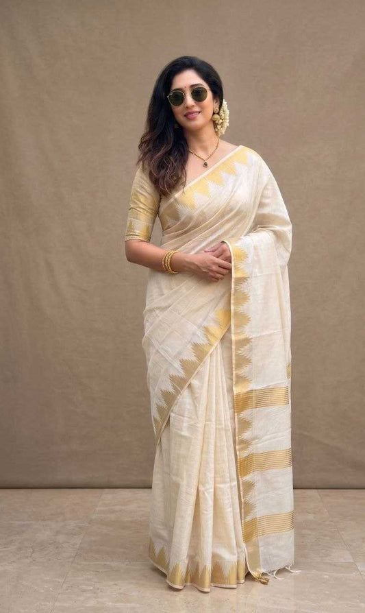 Semi Tussar Cotton Saree with Temple Jacquard Border & Heavy Weaving Pallu