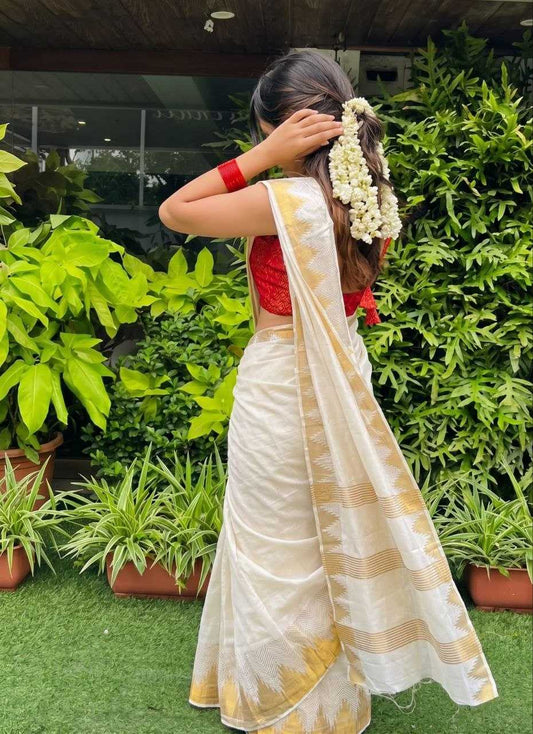 Semi Tussar Cotton Saree with Temple Jacquard Border & Heavy Weaving Pallu