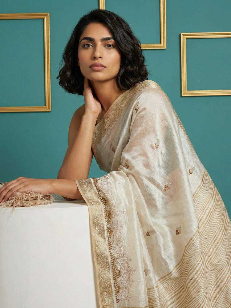 Tussar Silk Saree with Chain Stitch & Cutwork Embroidery - House of ViDi