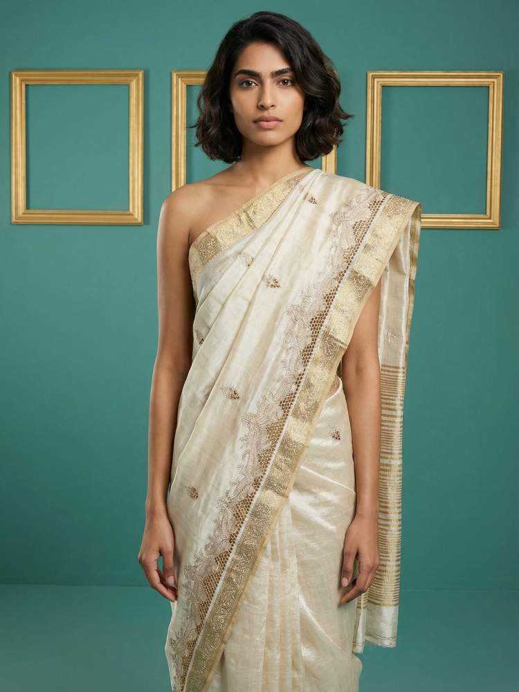 Tussar Silk Saree with Chain Stitch & Cutwork Embroidery - House of ViDi
