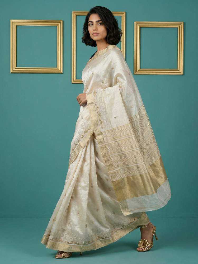 Tussar Silk Saree with Chain Stitch & Cutwork Embroidery - House of ViDi