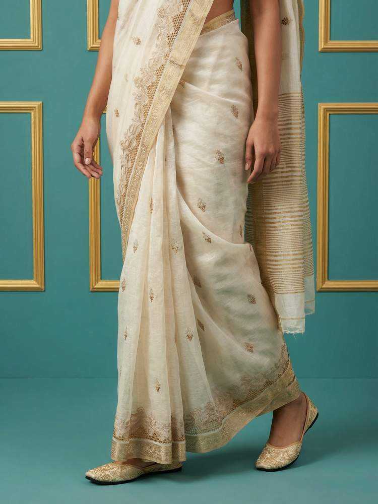 Tussar Silk Saree with Chain Stitch & Cutwork Embroidery - House of ViDi
