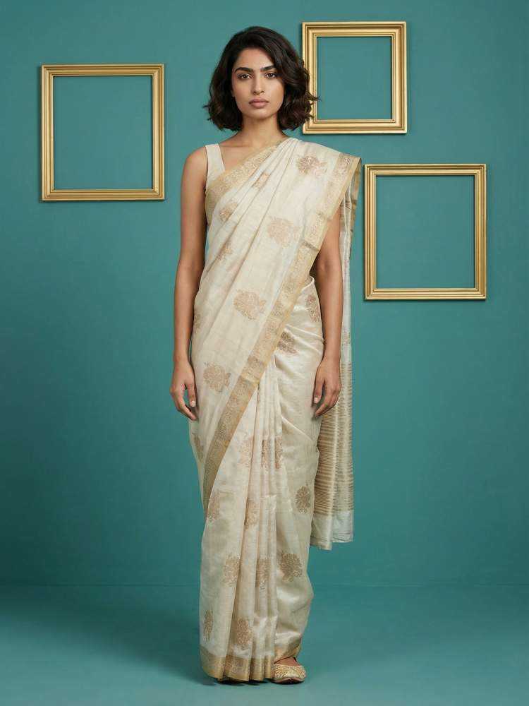 Tussar Silk Saree with Chain Stitch & Cutwork Embroidery - House of ViDi