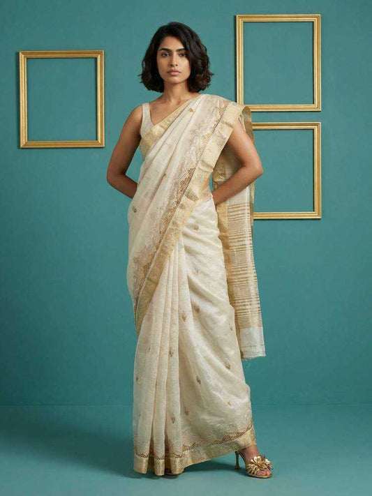 Tussar Silk Saree with Chain Stitch & Cutwork Embroidery
