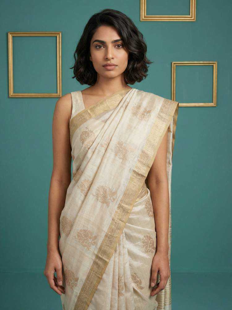 Tussar Silk Saree with Chain Stitch & Cutwork Embroidery - House of ViDi