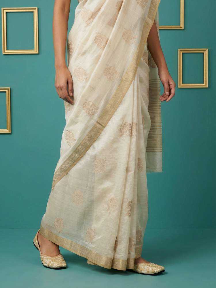 Tussar Silk Saree with Chain Stitch & Cutwork Embroidery - House of ViDi