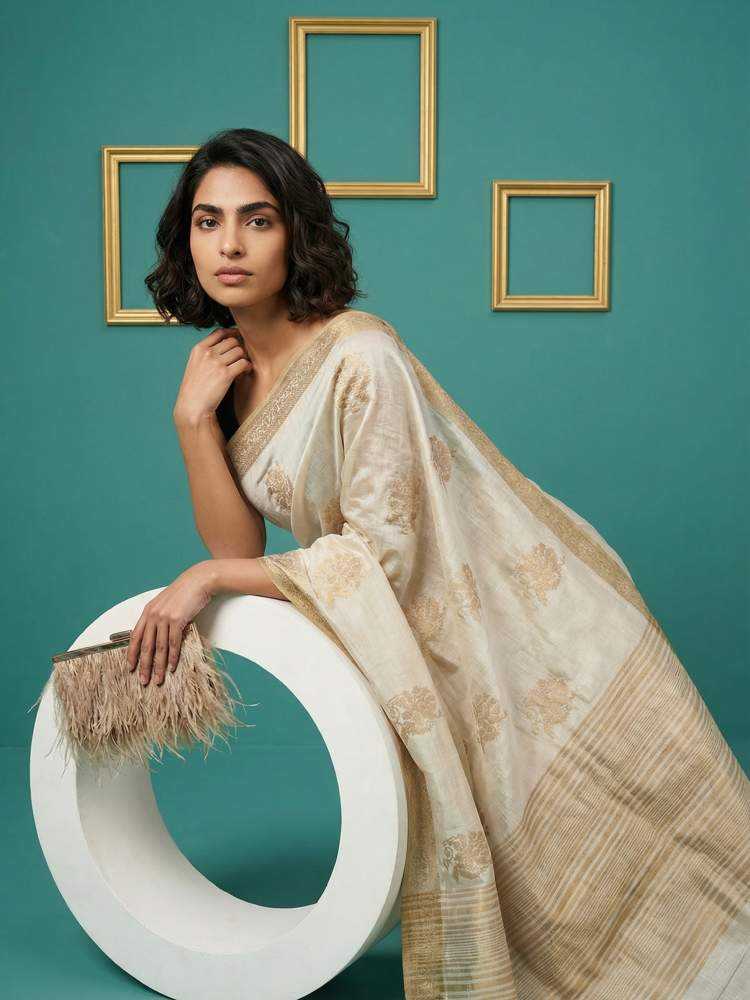 Tussar Silk Saree with Chain Stitch & Cutwork Embroidery - House of ViDi