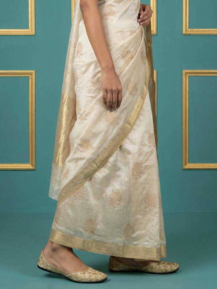 Tussar Silk Saree with Chain Stitch & Cutwork Embroidery - House of ViDi