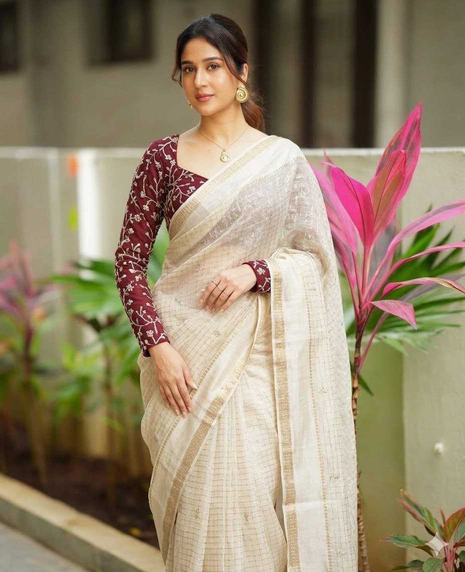 Ivory Soft Net Saree with Sequin & Beads Embroidery and Designer Blouse