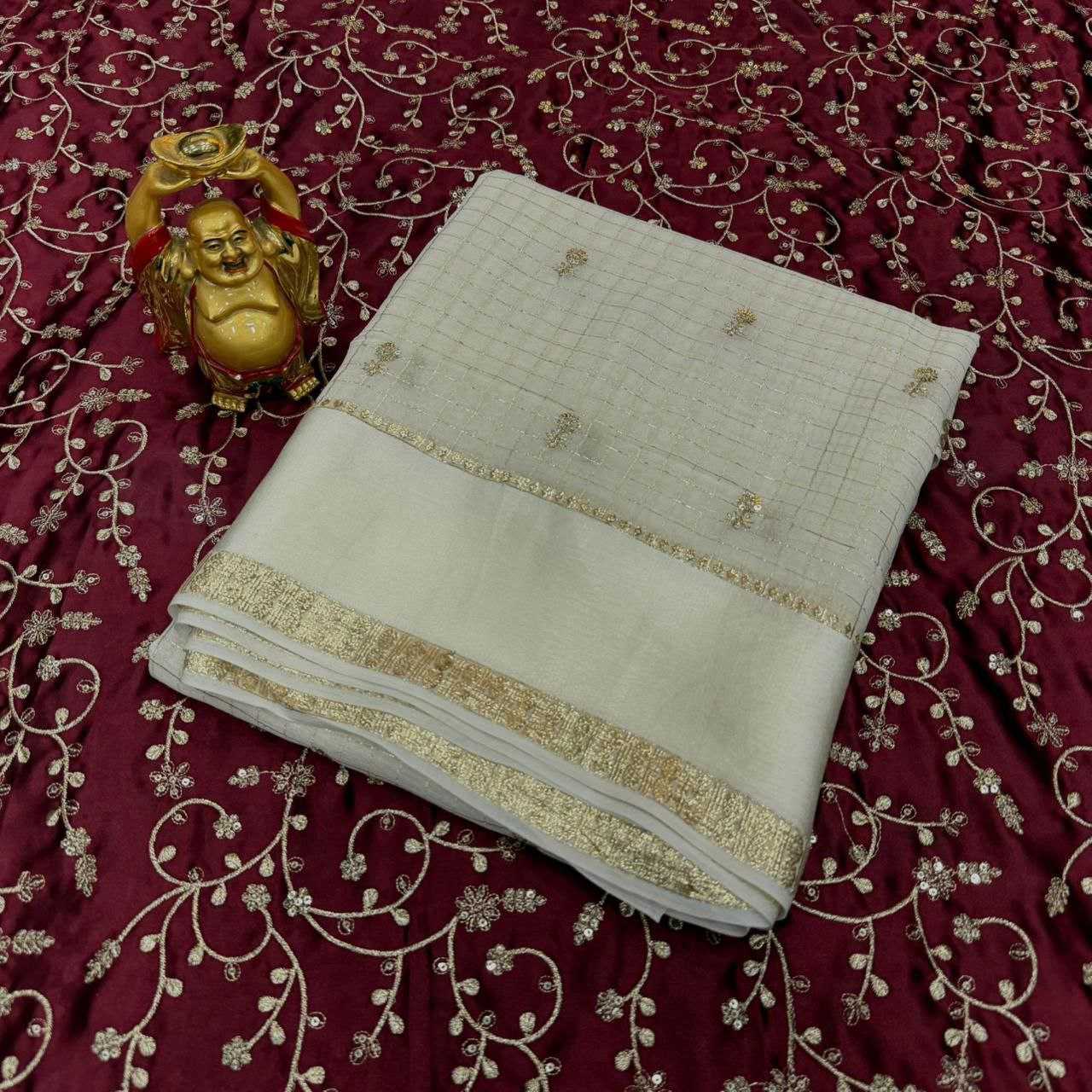 Ivory Soft Net Saree with Sequin & Beads Embroidery and Designer Blouse