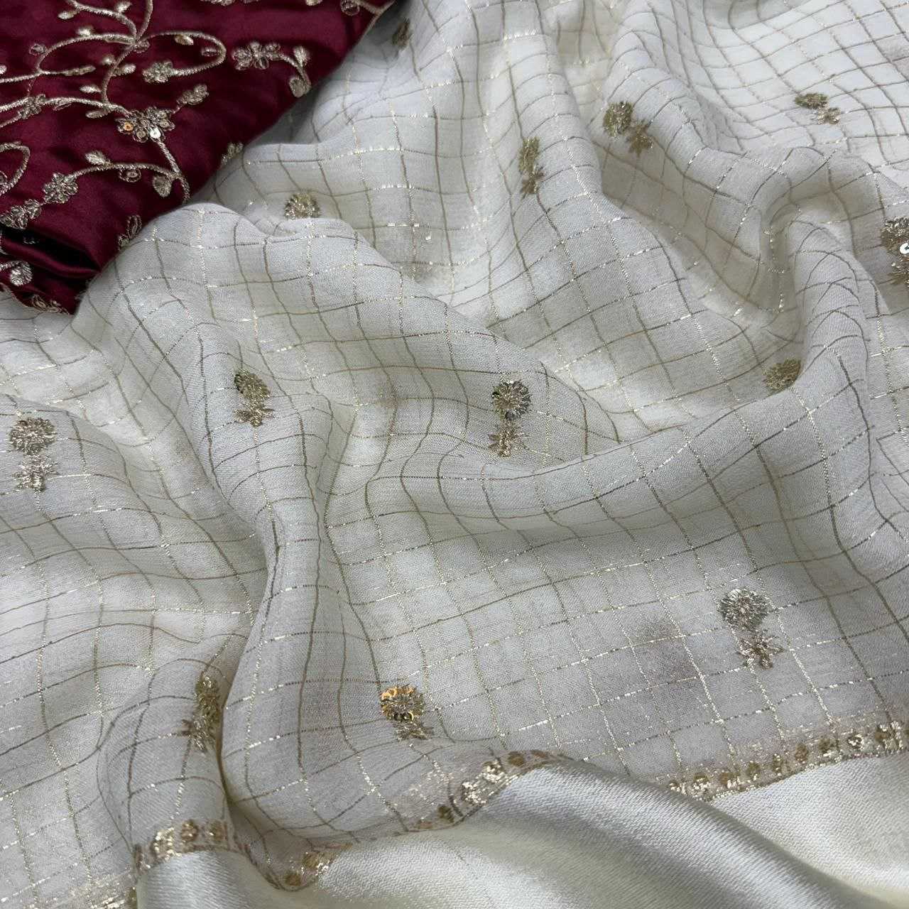 Ivory Soft Net Saree with Sequin & Beads Embroidery and Designer Blouse
