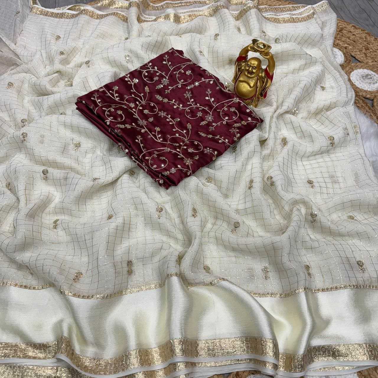 Ivory Soft Net Saree with Sequin & Beads Embroidery and Designer Blouse